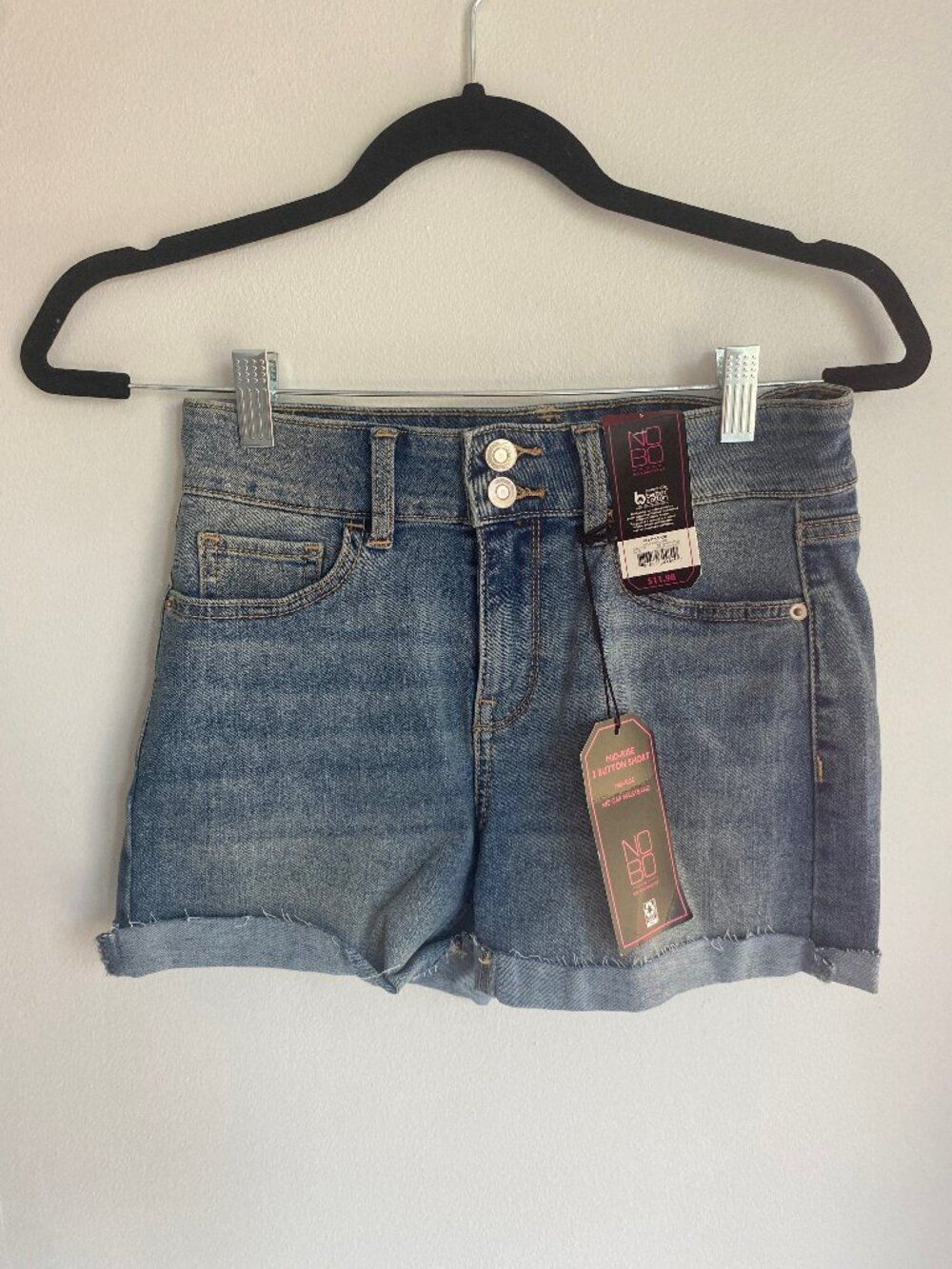No Boundaries Mid Rise 2 Button Denim Shorts Light Wash